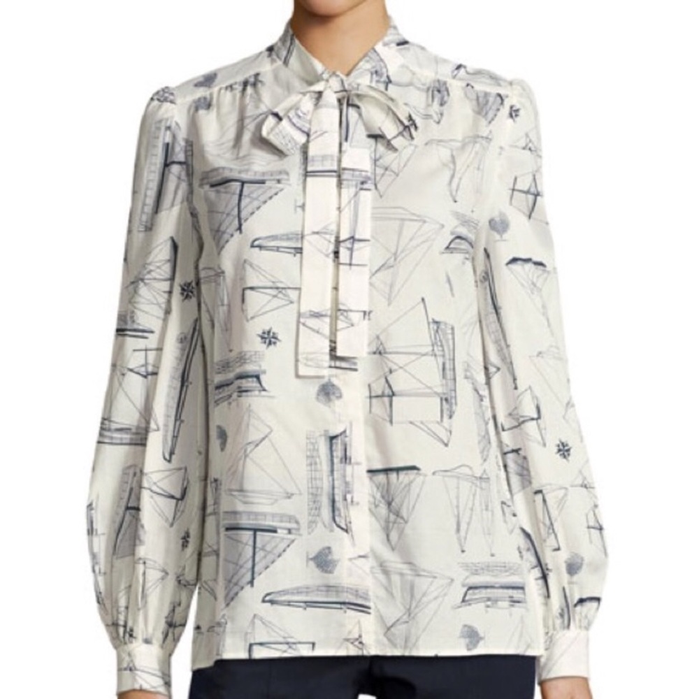Tory Burch Kia Tie-Neck Sailboat Print Blouse 14 Large XL